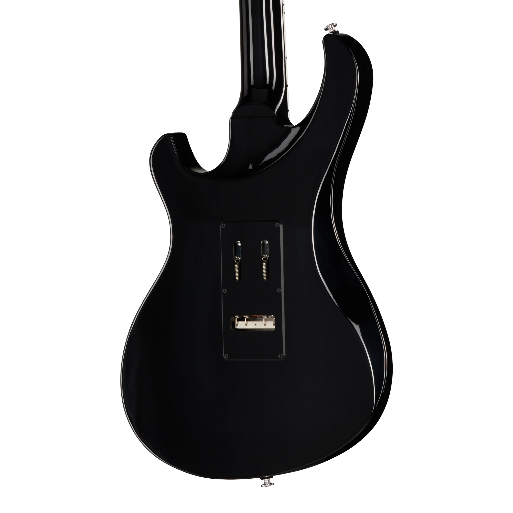 E-Gitarre, schwarzer Korpus, glänzende Lackierung, massiver Korpus, Klinkenbuchse